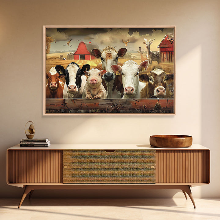 Farm Animals On The Fence, Framed Canvas Print, Cute Animal Decor, Bathroom Wall Art, Illustration, Home Decor