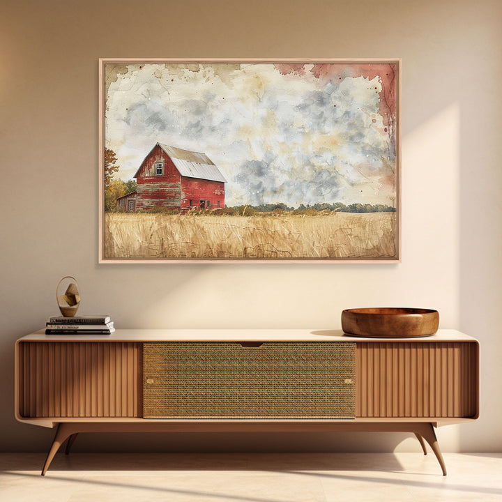 Red Barn Watercolor Painting Framed Canvas Print, Watercolor Painting From Photo Landscape, Wall Decor, Home Decor