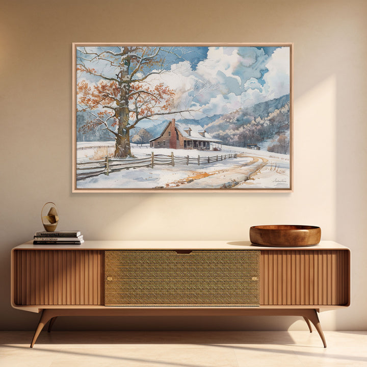 Painting Of A Farmhouse In The Winter, Cottagecore, Framed Canvas Print, Kitsch Home Decor, Western Country Art, Living Room Decor