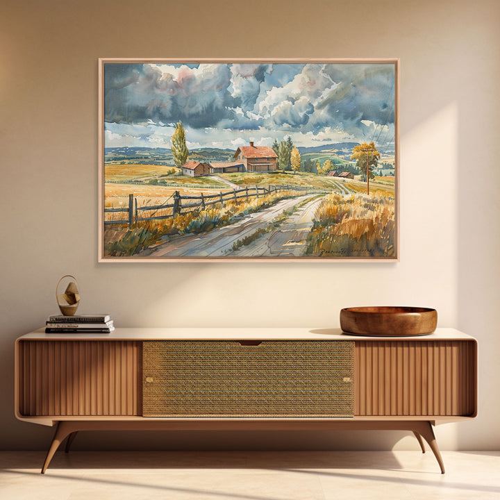 Primitive Farmhouse Watercolor Painting Framed Canvas Print, Framed Art, Wood Frame Art, Kitsch Decor, Southwestern Decor, Rustic Art