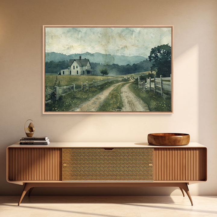 Old Country Road Wall Art Framed Canvas Print, Cottagecore Oil Painting, Kitsch Minimalist Wall Art, Farmhouse Wall Decor, Rustic Decor