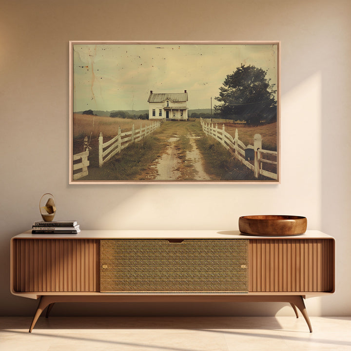 Old Photo Print Of An 1800s Farmhouse, White Picket Fences, Vintage Style Wall Art, Framed Canvas Print, Rustic Primitive Wall Art