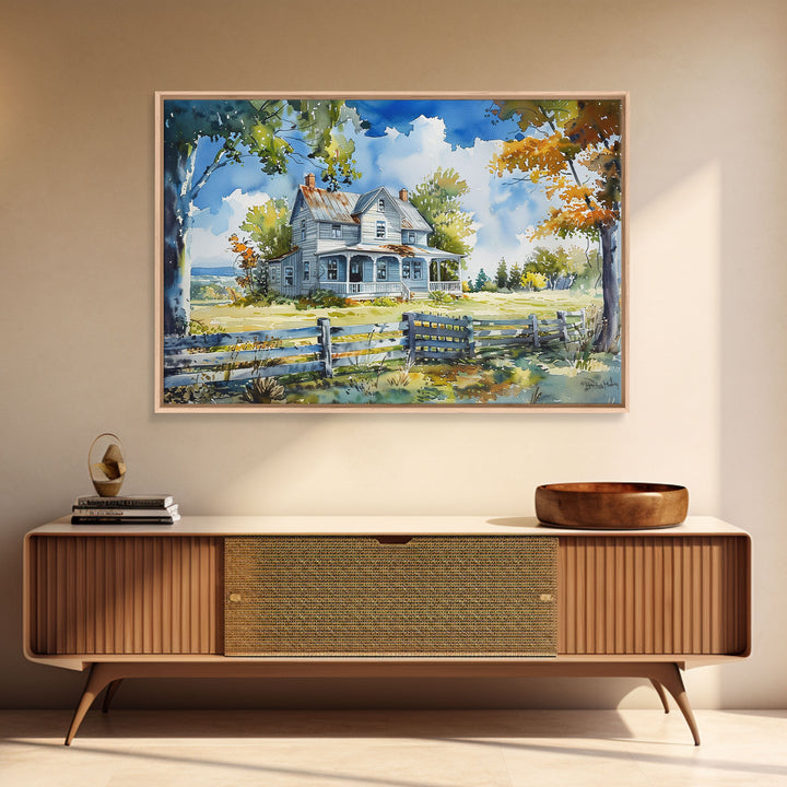 Retro Watercolor Painting Print Of A Vintage Farmhouse, Kitsch Art, Wall Art, Farmhouse Decor, Western Art For Living Room