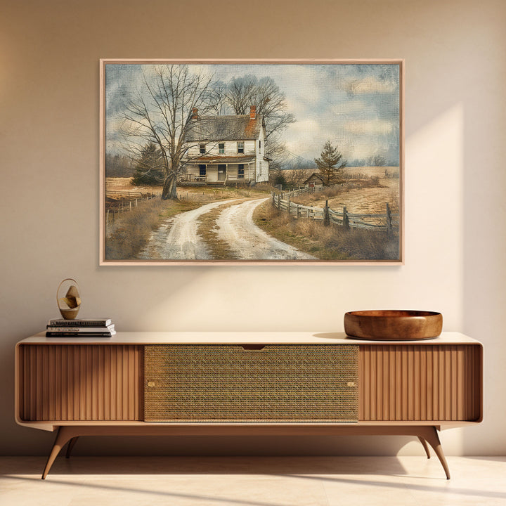 Old Country Roads Framed Wall Art Canvas Print, Water Color Painting Of A Rustic Cottage, Texas Decor, Southwest Wall Art