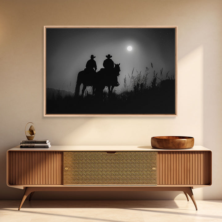 Cowboys Under A Full Moon, Framed Canvas Print, Black and White Western Photography, Wild West Art, Western Decor, Farmhouse Country Art