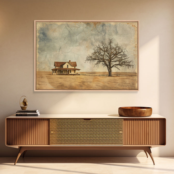 Little Farmhouse On A Texas Prairie Framed Canvas Print, Original Rustic minimalist Art, Wood Frame Rustic Home Decor