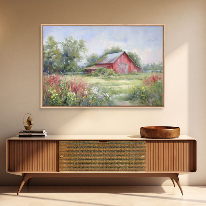 Old Red Barn Rustic Art, Framed Canvas Print Of An Original Art Watercolor Painting, Cottage Core Decor, Whimsical Kitsch Living Room Art