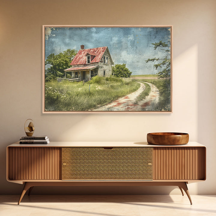 Watercolor Painting Of An Old Red Farmhouse, Framed Canvas Print, Wall Art Prints, Rustic Farmhouse Decor, Minimalist Art, Kitsch Decor