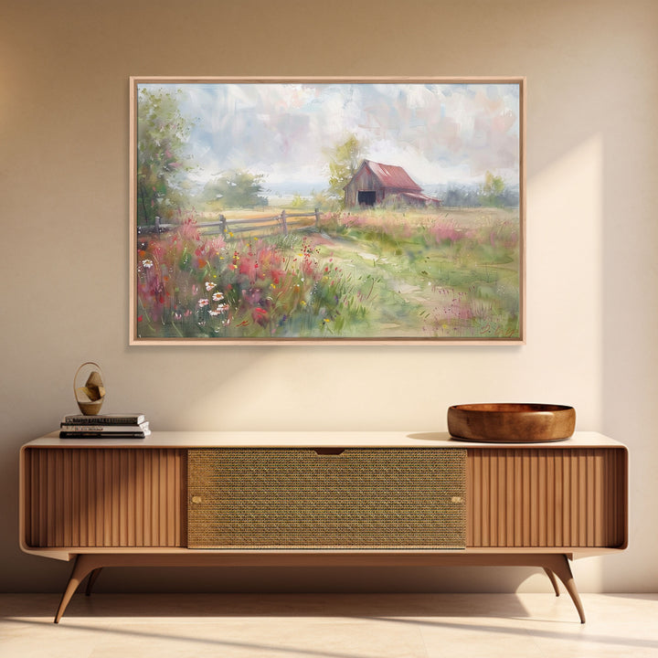 Farm Art, Framed Canvas Print, Rustic Watercolor Painting Of An Old Barn, Farmhouse Color Palette, Boho Decor