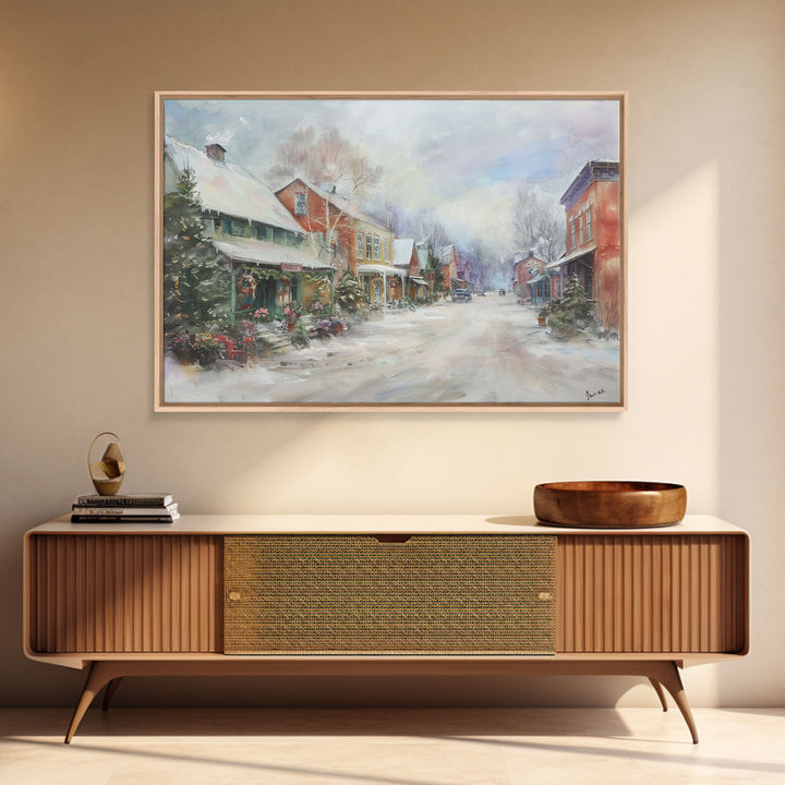 Small Town America At Christmas Time, Framed Canvas Print, Winter Scenary Wall Decor, Folk Art Framed Canvas, Metal Wall Art Living Room
