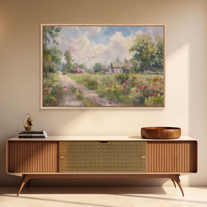 Kitsch Minimalist Watercolor Painting Print Of an Old Country Road, Wood Framed Print, Metal Wall Art, Room Decor, Aesthetic Room Decor