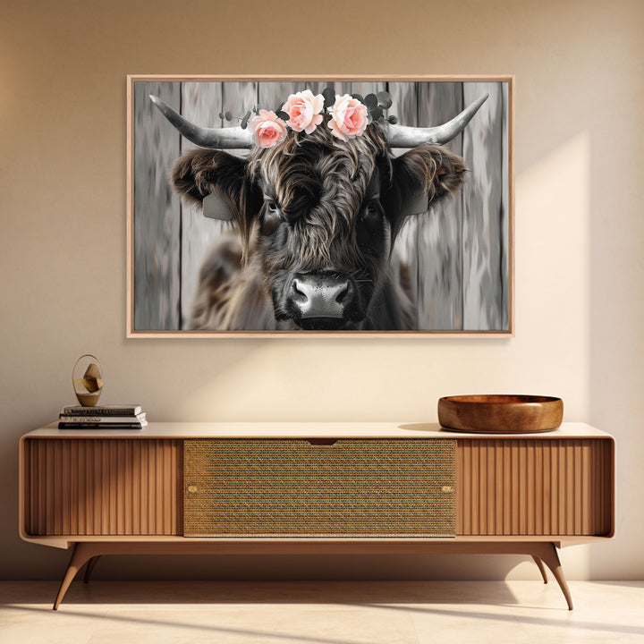Framed Canvas Wall Art, Cute Highland Cow Print, Modern Wall Art Farmhouse Decor, Fun Rustic Farmhouse Art, Life On The Farm, Cow and Flower