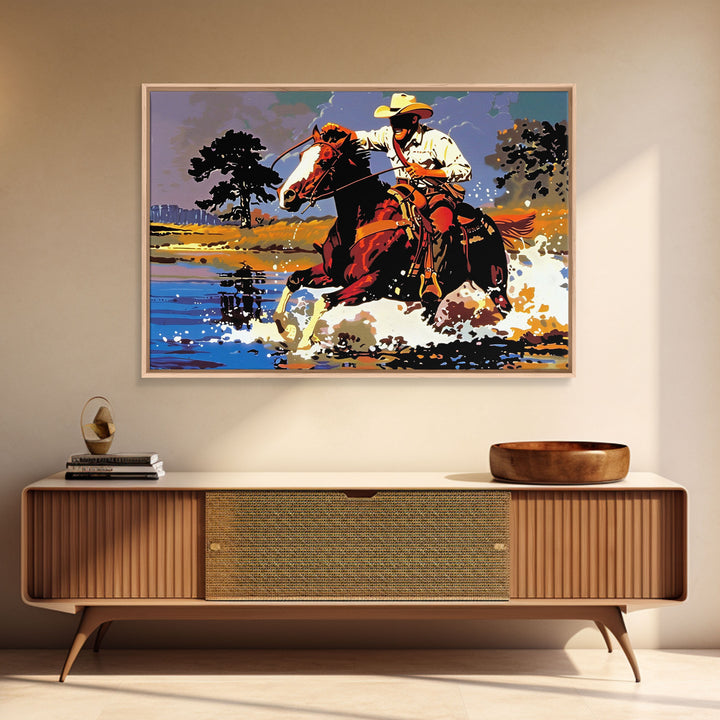 Cowboy Crossing The Colorado River, Arizona Print, Original Painting Framed Canvas Print, Western Home Decor, Wild West Art