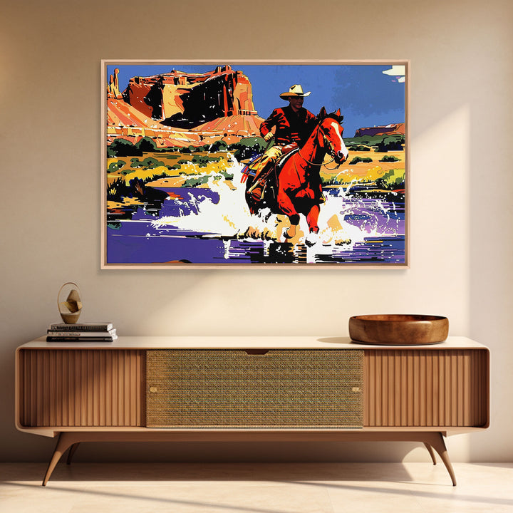Crossing The Colorado River, Framed Canvas Print, Kitsch Western Wall Art, Colorful Western Painting Original Artwork, Pop Art Painting