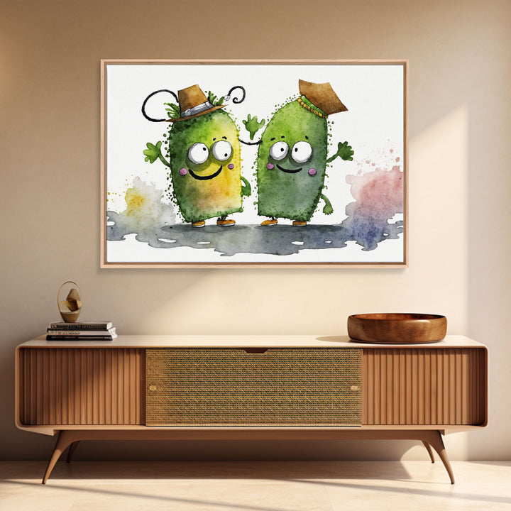 Goofy Pickle Art, Cute Pickle Cartoon Wall Art, Framed Canvas Print, Wild West Pickles, Funny Art, Funny Decor