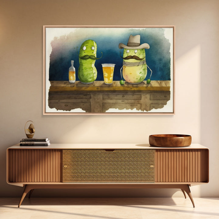 Funny Pickles In A Bar, Watercolor Painting Print, Framed Wall Art, Funny Decor, Kitsch Art, Framed Canvas Pickle Art