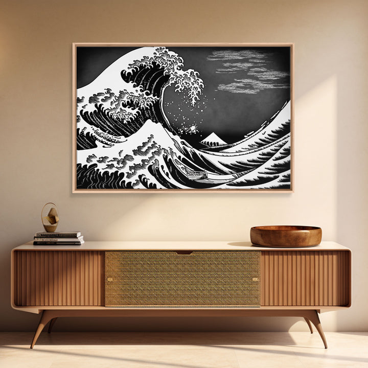 Black and White Wave Canvas Print, Hokusai Inspired Wall Art, Woodblock Print Style, Wall Art, Vintage Style Wall Art