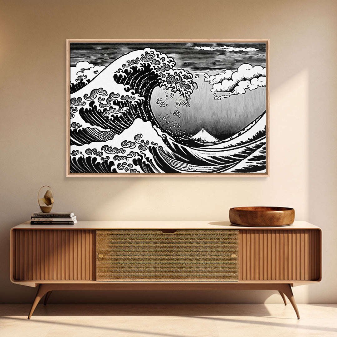 Black and White Wave Canvas Print, Hokusai Inspired Wall Art, Japanese Style Wall Art, Living Room Home Decor, Unique Wall Art