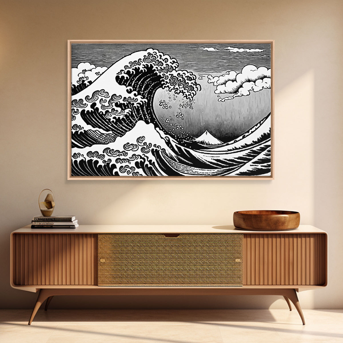 Black and White Wave Canvas Print, Hokusai Inspired Wall Art, Japanese Style Wall Art, Living Room Home Decor, Unique Wall Art