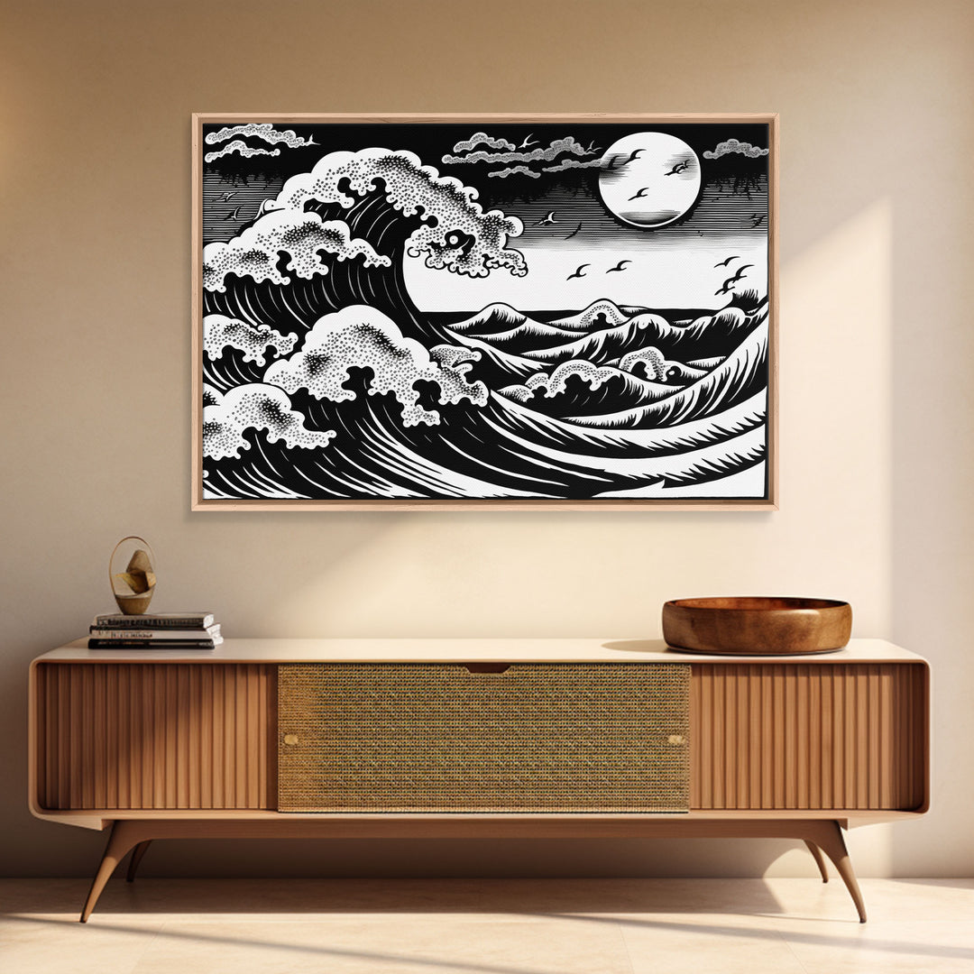 Black and White Wave Canvas Print, Hokusai Inspired Wall Art, Woodblock Print Style, Wall Art, Vintage Style Wall Art