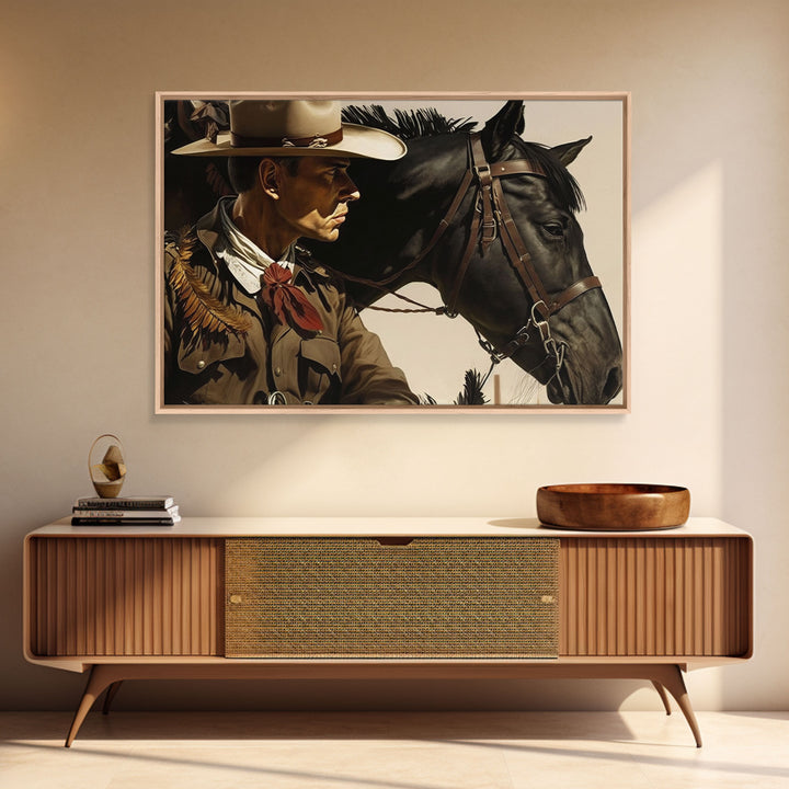 Vintage Cowboys Painting Print Horse Wall Art Canvas Hunting Southwest Sketch Drawing Poster Framed Antique Country Rustic Farmhouse Decor