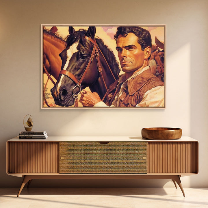 Vintage Cowboys Painting Print Horse Wall Art Canvas Hunting Southwest Sketch Drawing Poster Framed Antique Country Rustic Farmhouse Decor