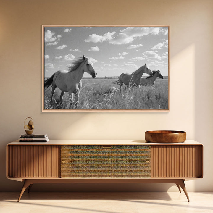 Fine Art Framed Canvas Print, Metal Art, Black & White Photo of Wild Mustangs, Horse Art, American Horses Landscape / Nature / Wildlife Art