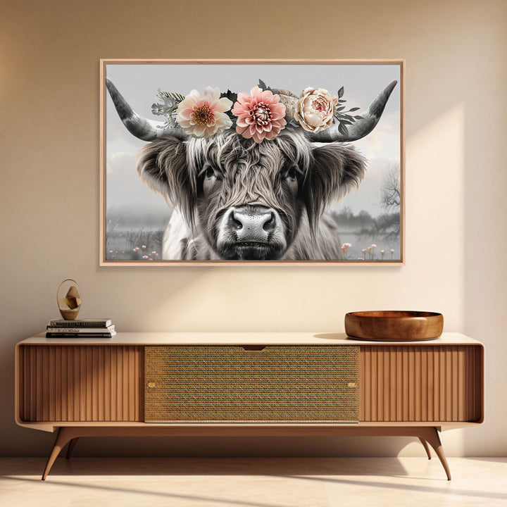 Cute Framed Canvas Wall Art, Cute Cow Wearing Flowers, Farmhouse Decor, Farmhouse Wall At, Extra Large Boho Decor, Minimalist Modern Art