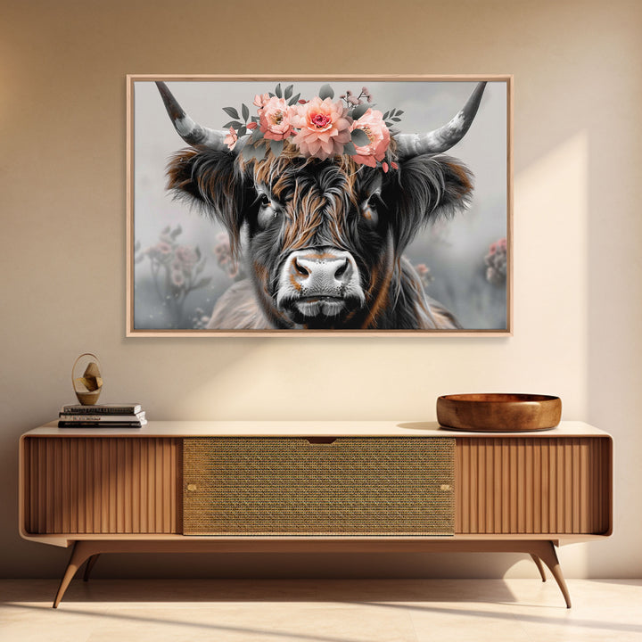Framed Wall Art Texas Cattle, Wood Framed Canvas Print, Farmhouse Decor, Minimalist Rustic Farmhouse Painting, Vacation Home Decor, Western