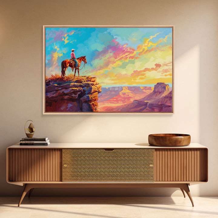 Framed Wall Art Giclée Fine Art Print, Watercolor Painting of A Cowboy On A Mountain Ridge, Rustic Western Decor, Country Decor, Metal Print