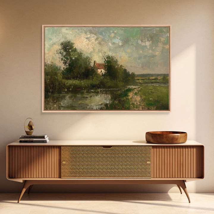 Slightly Scorched Vintage Landscape Painting Canvas Print - Farmhouse Painting - Wall Art - Large Print