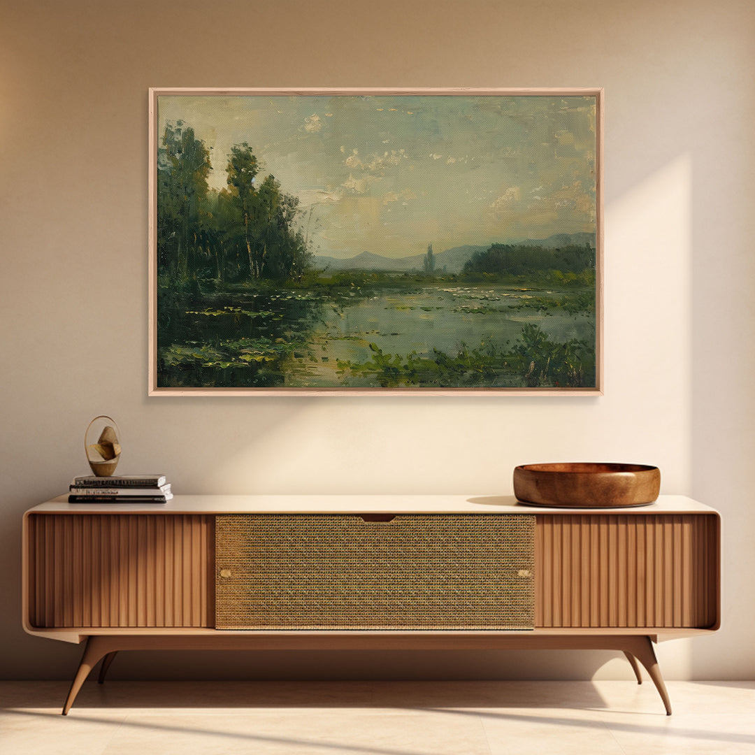 Dutch Landscape With Lake Framed Canvas Print Oil Painting, Wood Frame Wall Art, Cottage Core, Farmhouse Decor, Living Room Art