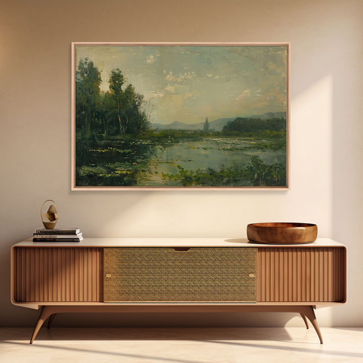 Dutch Landscape With Lake Framed Canvas Print Oil Painting, Wood Frame Wall Art, Cottage Core, Farmhouse Decor, Living Room Art