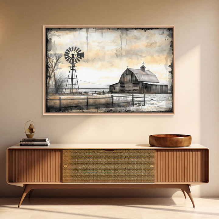 Farmhouse House Decor Large Canvas Print, Old Barn Painting, Black and White Photography Print, Pastoral Hills, Vintage Decor