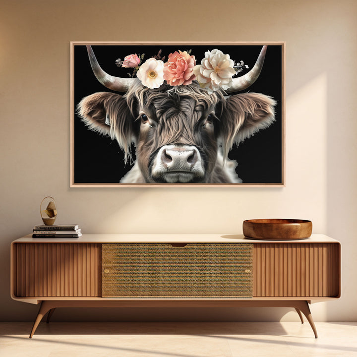 Framed Highland Cow With Flowers Painting canvas print Farmhouse art Cattle Wooden background Country wall art Cow print Rustic Wall Art