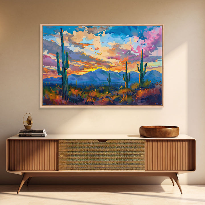 Cactus Under A Beautiful Sunset, Pop Art Style, Mid Century Modern Framed Canvas Print or Metal Art, Desert Scene Wall Art, Abstract Desert