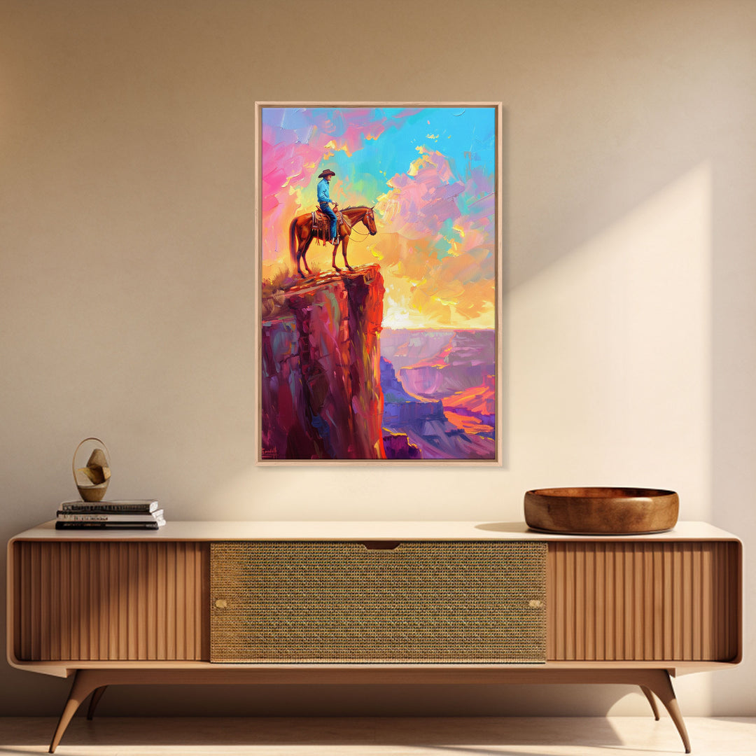 Cowboy on Horse at Sunrise - Colorful Western Landscape Painting, Sunrise Wall Art, Living Room Decor, Cowboy Canvas Print