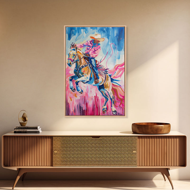 Dynamic Cowboy and Horse Painting - Colorful Western Art, Framed Canvas Print, Living Room Decor, Cowboy Riding Wall Art