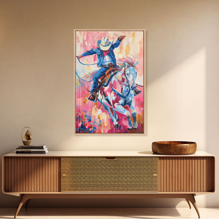 Energetic Cowboy on Horseback - Vibrant Western Art, Framed Canvas Print, Living Room Decor, Cowboy Rodeo Painting, Colorful Wall Art