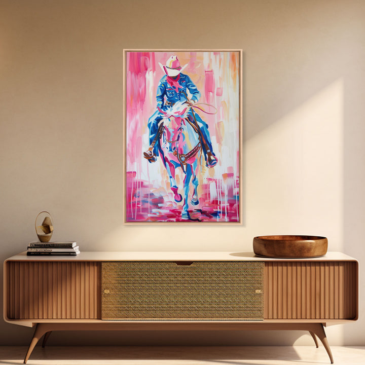 Cowboy Riding in Pink - Colorful Western Art, Framed Canvas Print, Living Room Decor, Cowboy Painting, Vibrant Wall Art