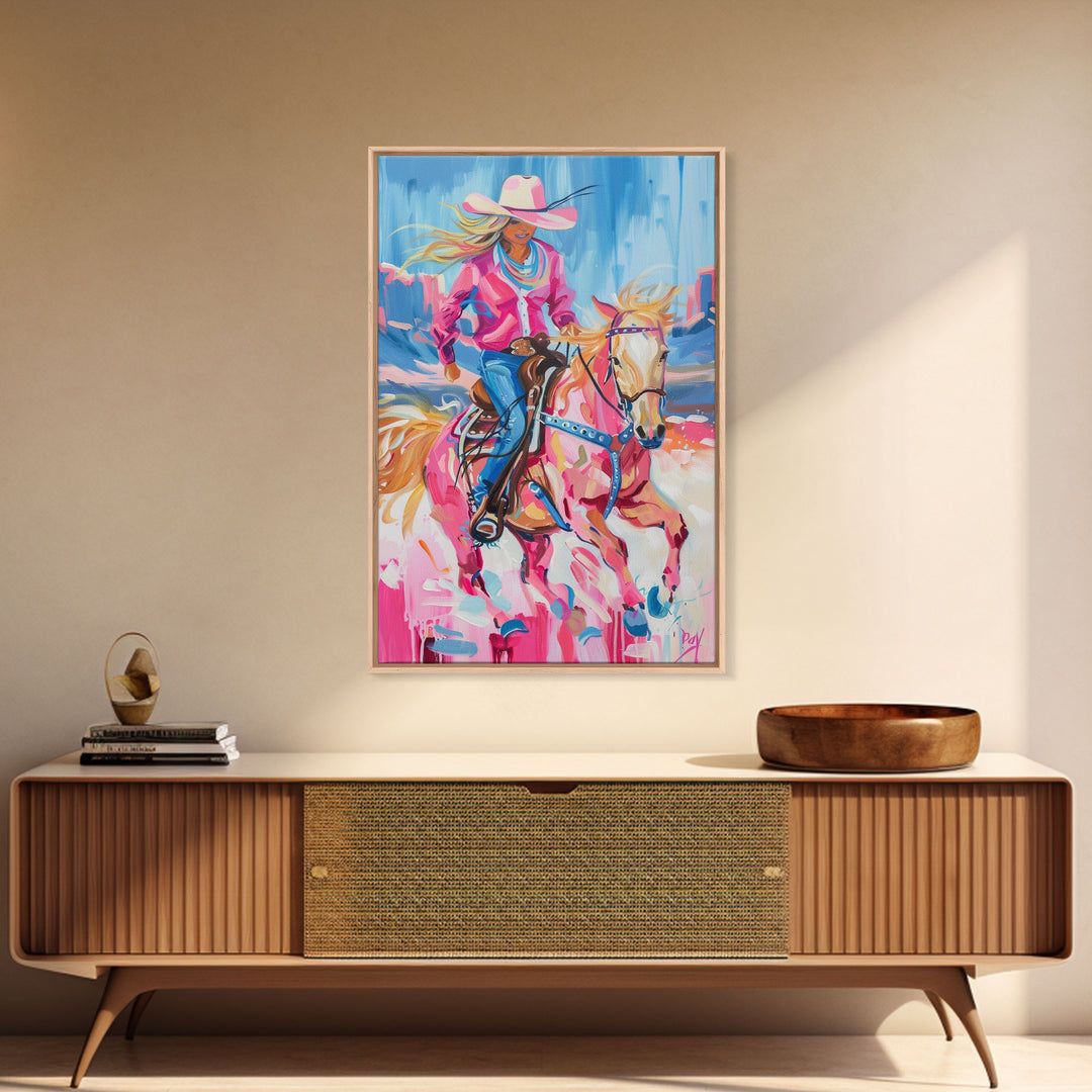 Dynamic Cowgirl and Horse - Colorful Western Art, Framed Canvas Print, Living Room Decor, Cowgirl Painting, Vibrant Wall Art