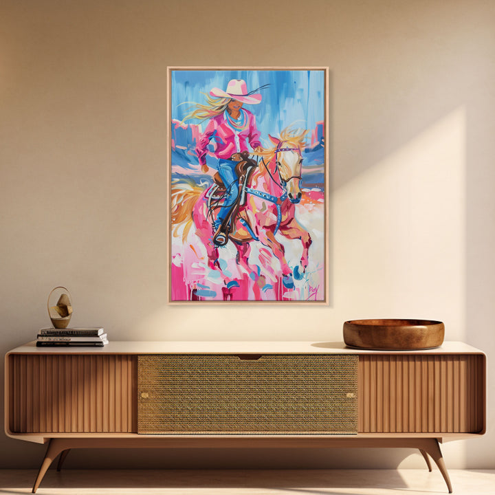 Dynamic Cowgirl and Horse - Colorful Western Art, Framed Canvas Print, Living Room Decor, Cowgirl Painting, Vibrant Wall Art