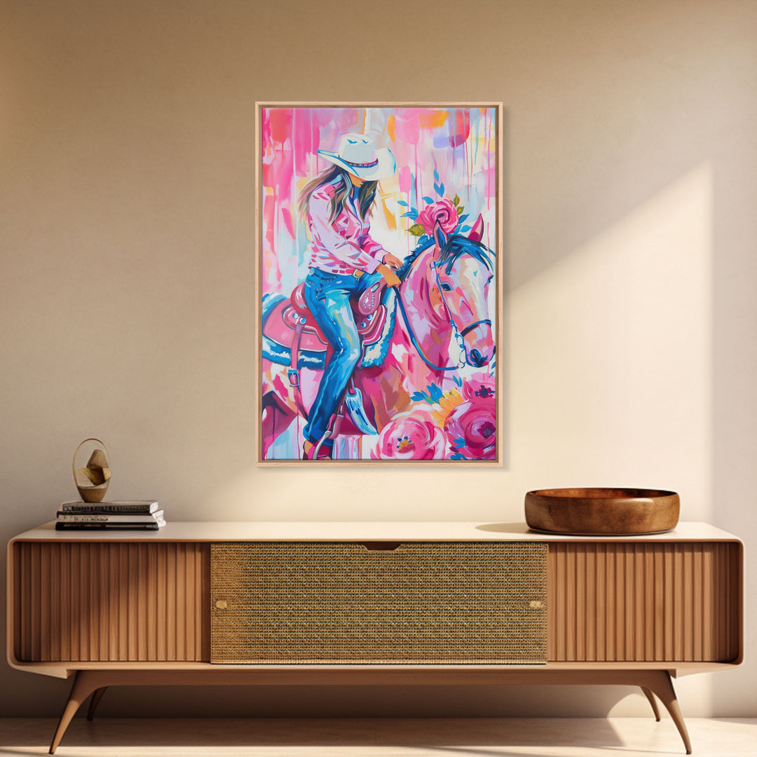 Cowgirl with Floral Horse - Colorful Western Art, Framed Canvas Print, Living Room Decor, Cowgirl Painting, Vibrant Wall Art