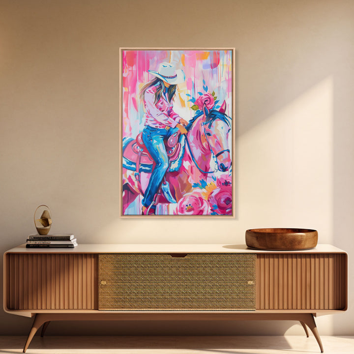 Cowgirl with Floral Horse - Colorful Western Art, Framed Canvas Print, Living Room Decor, Cowgirl Painting, Vibrant Wall Art