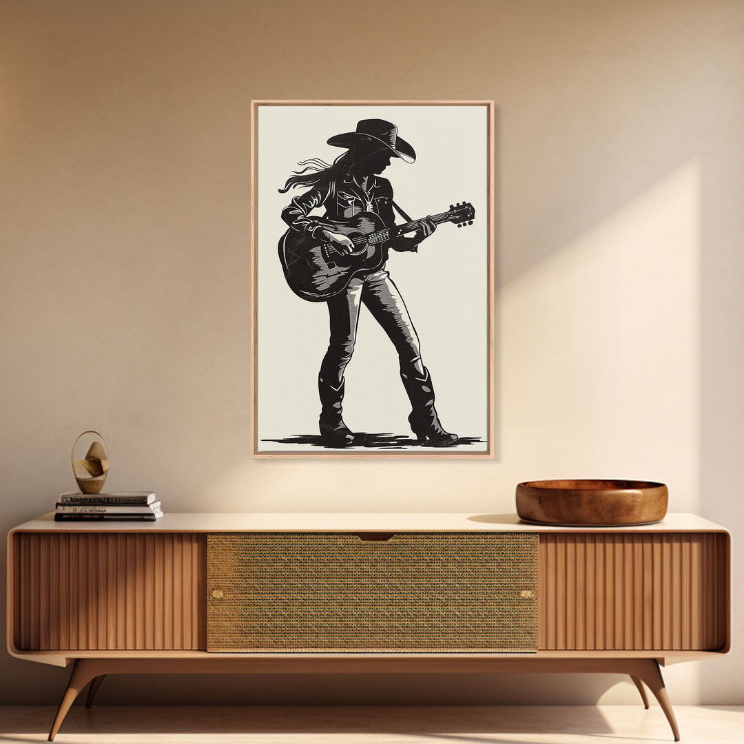 Cowgirl Guitarist Silhouette Art Print, Retro Western Framed Canvas, Vintage Country Music Art, Unique Wall Decor for Home