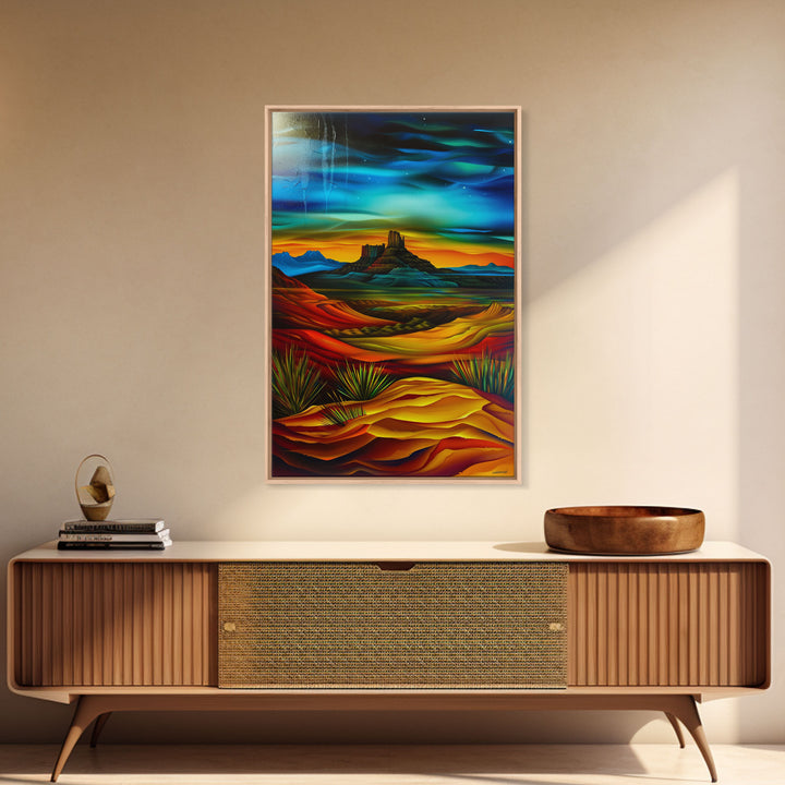 Dramatic Desert Landscape - Vibrant Western Art, Framed Canvas Print, Living Room Decor, Desert Painting, Colorful Wall Art