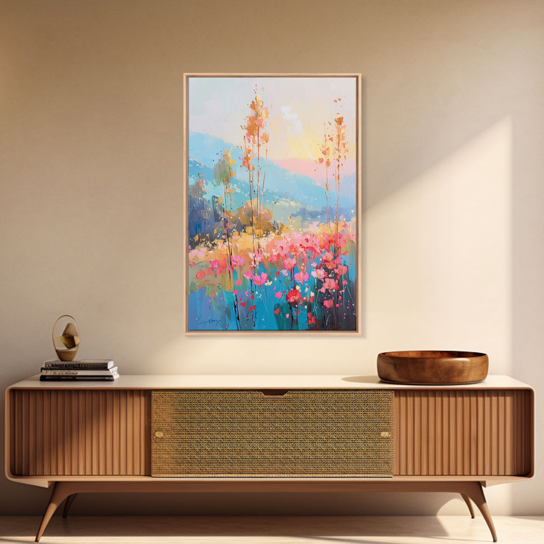 Serene Meadow Landscape at Sunrise - Framed Canvas Print, Tranquil Living Room Art, Peaceful Bedroom Decor, Pastel Flower Art, Wall Art