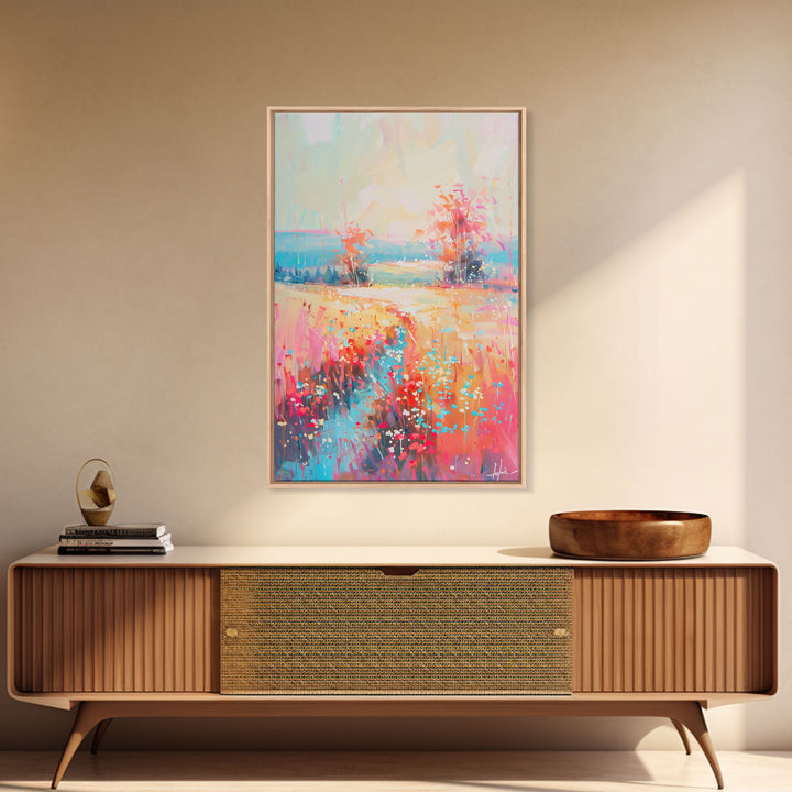 Luminous Landscape with Wildflowers - Framed Canvas Print, Radiant Living Room Art, Bright Bedroom Decor, Colorful Flower Art, Wall Art