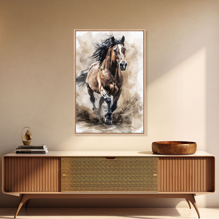 Powerful Horse Galloping - Framed Canvas Print, Dynamic Living Room Art, Energetic Bedroom Decor, Equestrian Art, Wall Art