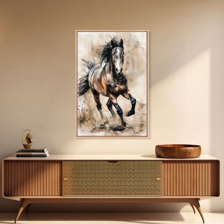 Running Horse in Motion - Framed Canvas Print, Lively Living Room Art, Vibrant Bedroom Decor, Equestrian Art, Wall Art